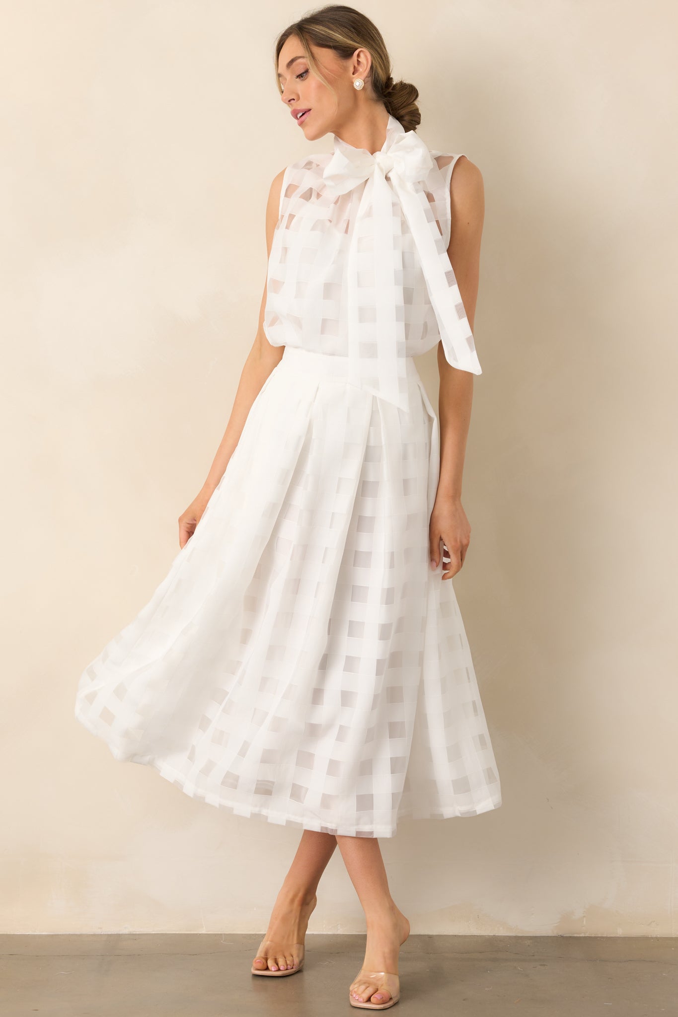 Simply Unforgettable White Sheer Windowpane Midi Skirt
