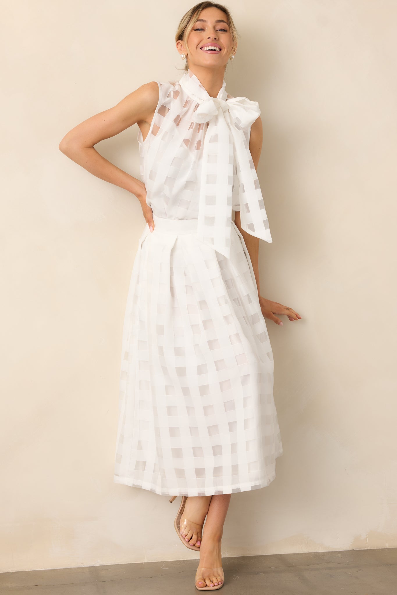 In A Perfect World White Sheer Windowpane Bow Neck Top