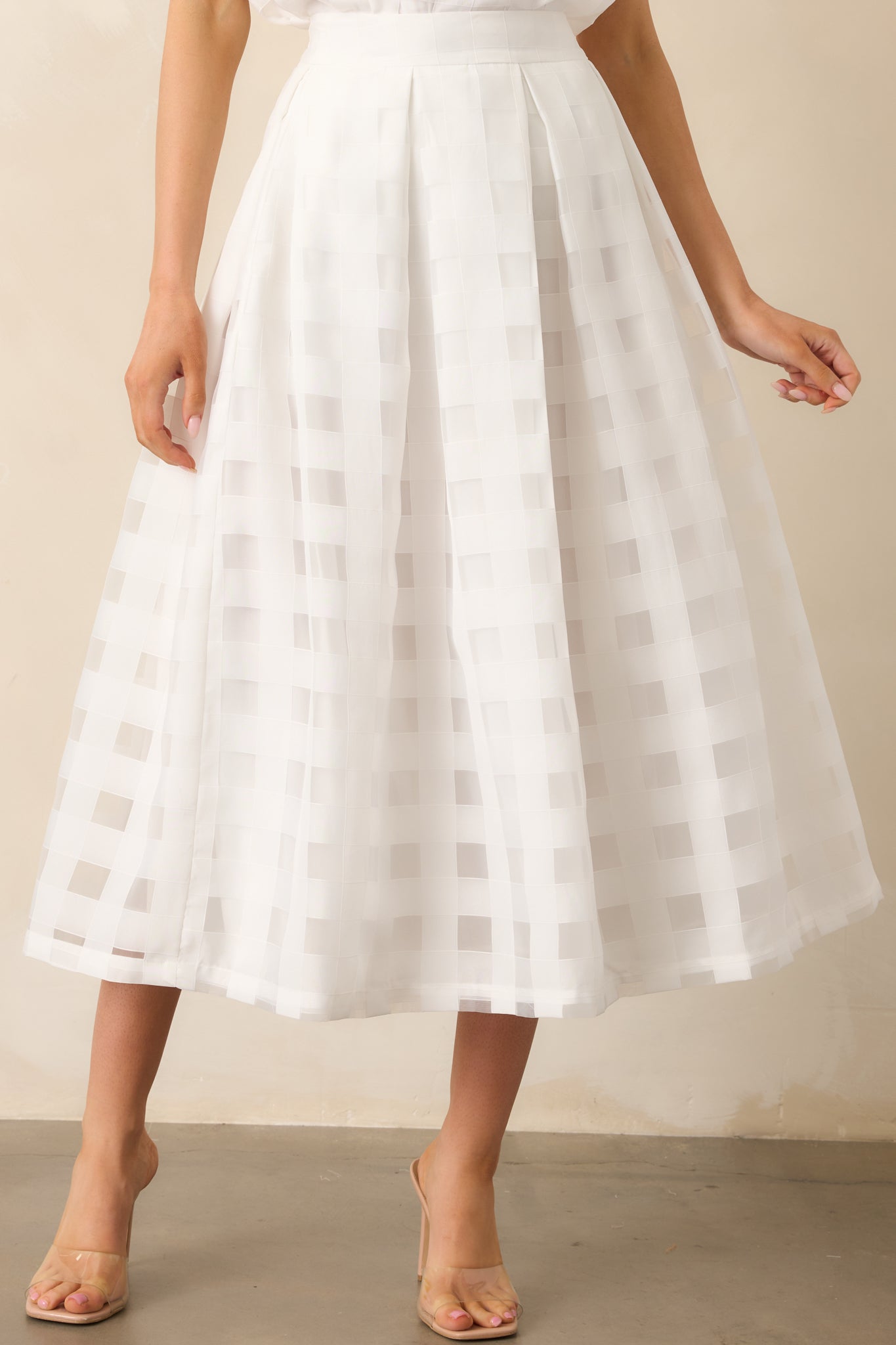 Simply Unforgettable White Sheer Windowpane Midi Skirt