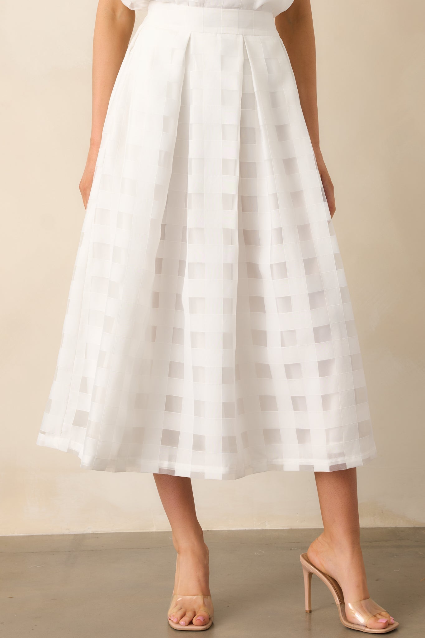 Simply Unforgettable White Sheer Windowpane Midi Skirt