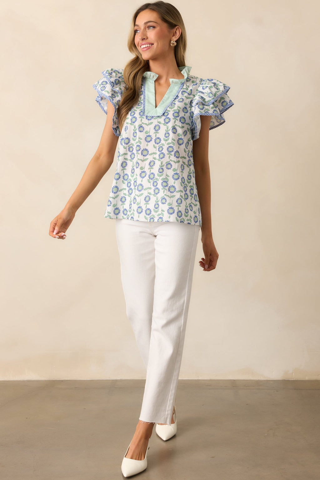 The More The Merrier Green Floral Cotton Flutter Sleeve Top
