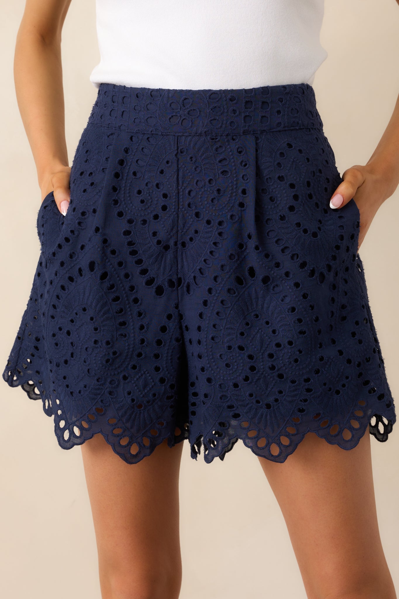 Perfect Fit Navy Cotton Embroidered Eyelet Shorts