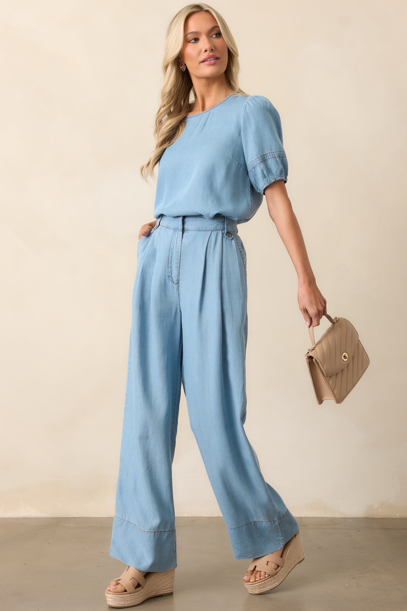 On Second Thought Blue Chambray Puff Sleeve Top