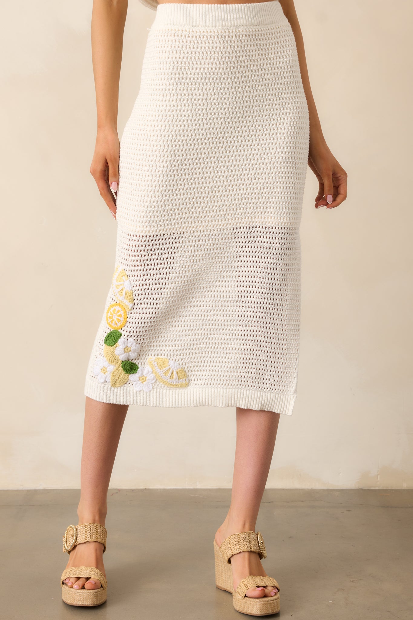 In My Own World Ivory Cotton Lemon Crochet Knit Midi Skirt