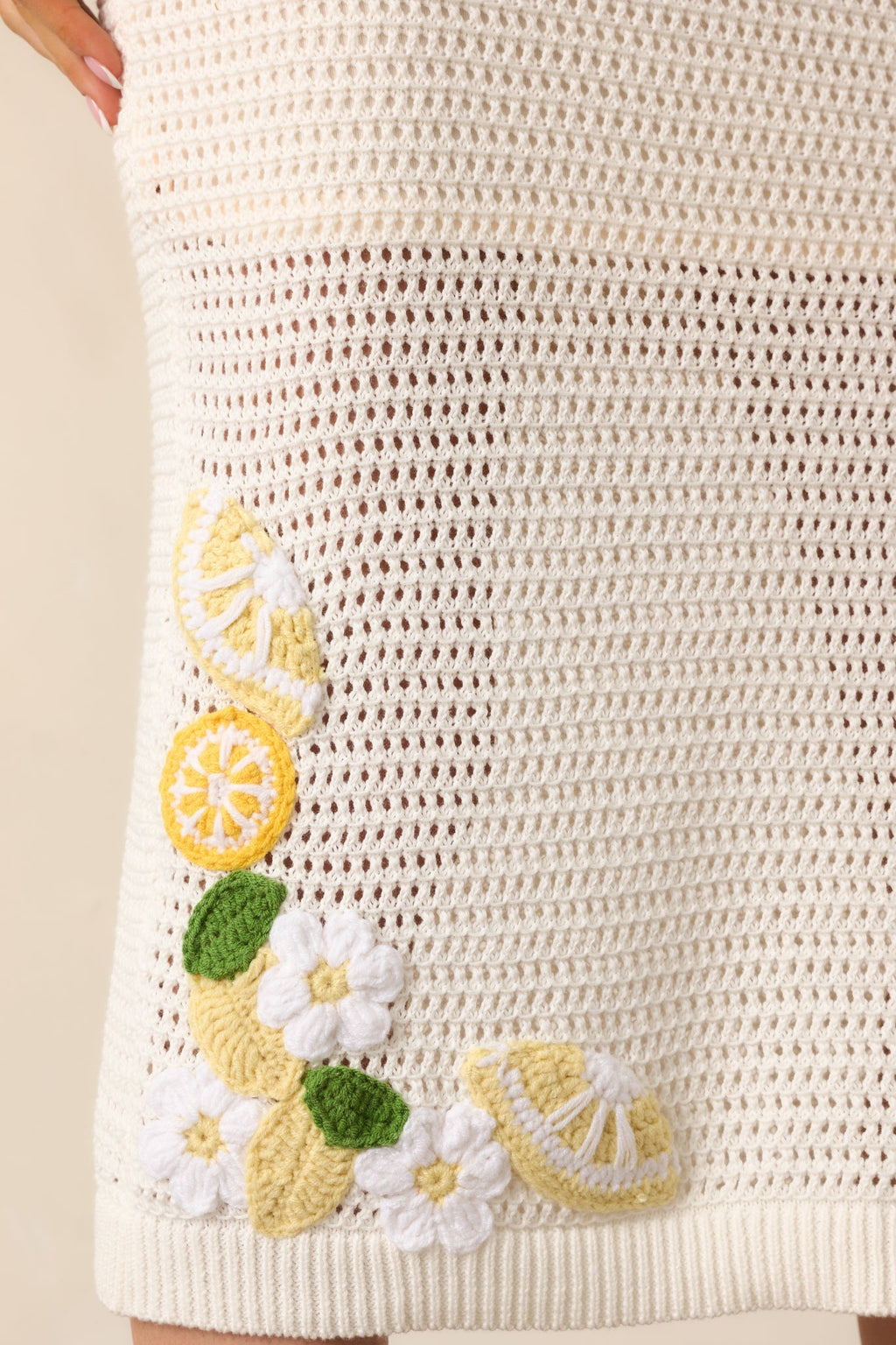 In My Own World Ivory Cotton Lemon Crochet Knit Midi Skirt