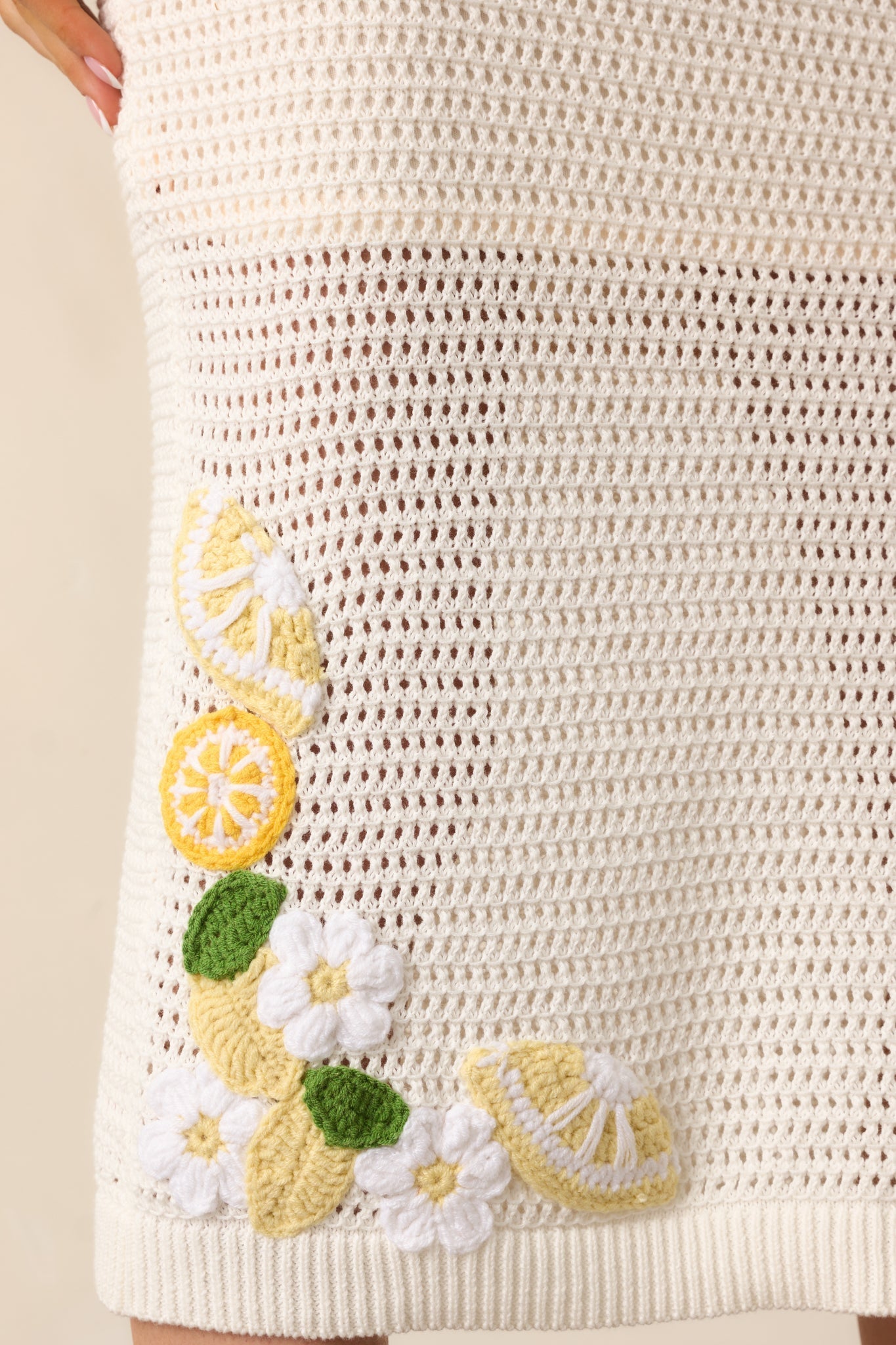 In My Own World Ivory Cotton Lemon Crochet Knit Midi Skirt