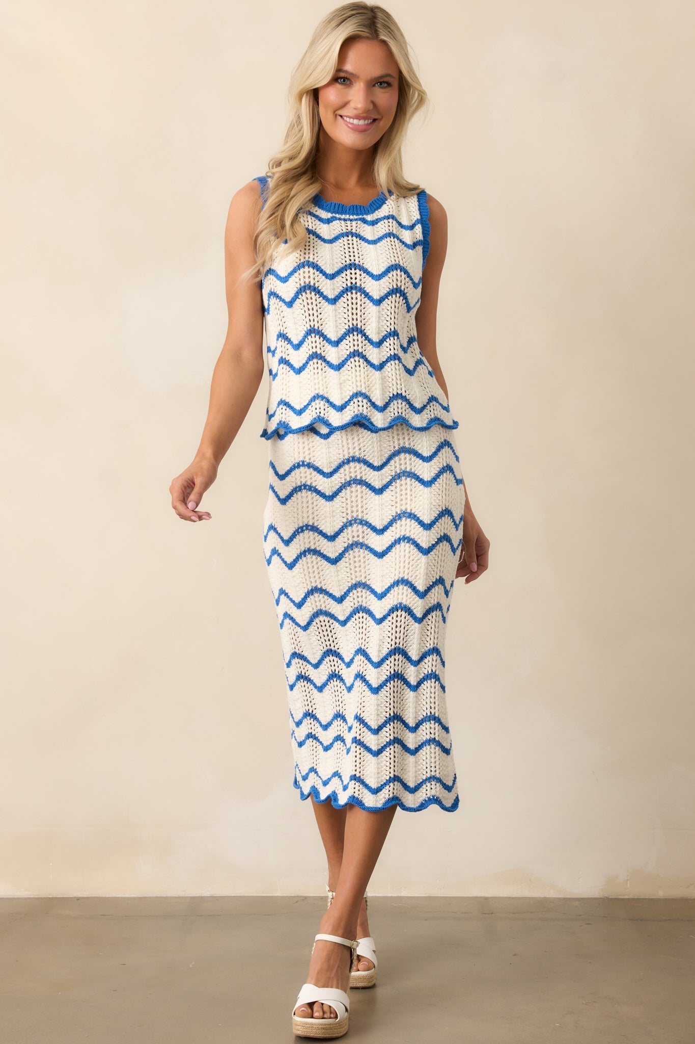 Sea La Vie Blue Stripe Crochet Knit Midi Skirt