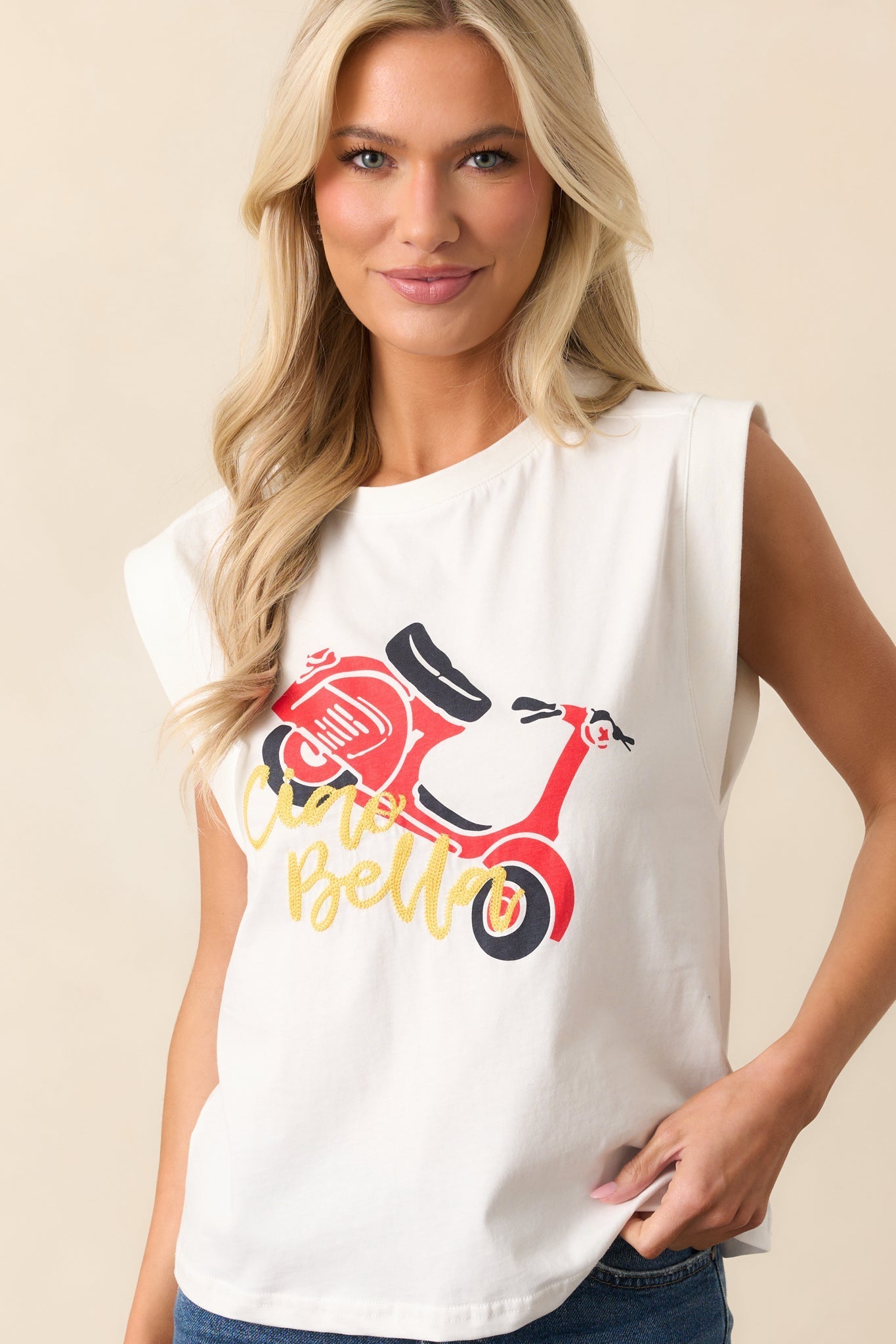 Ciao Bella White Cotton Cap Sleeve Graphic Tee