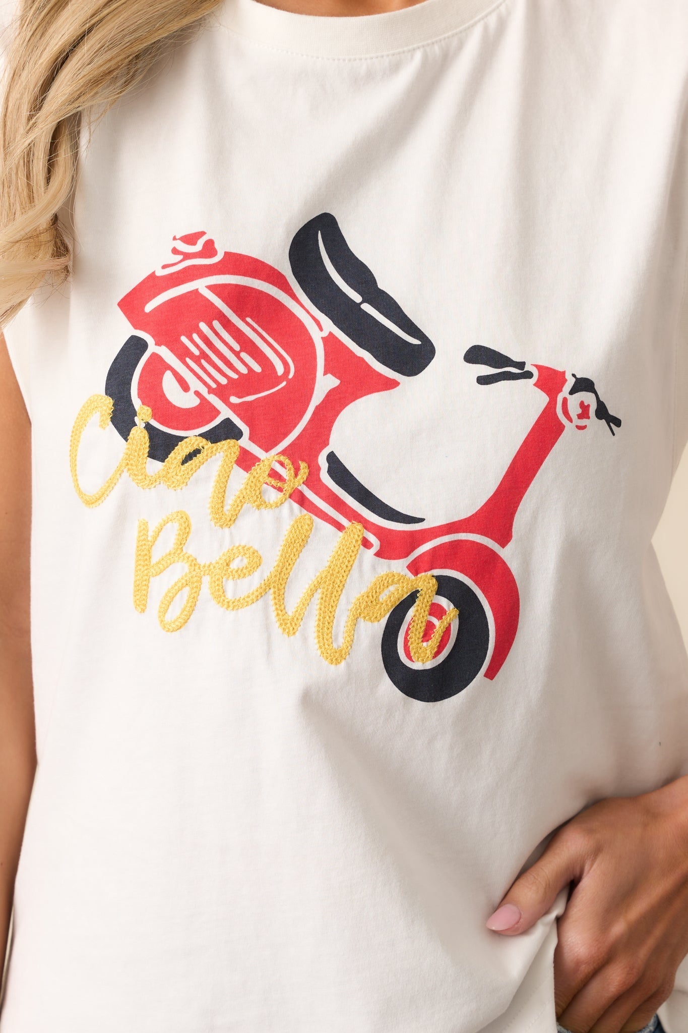 Ciao Bella White Cotton Cap Sleeve Graphic Tee