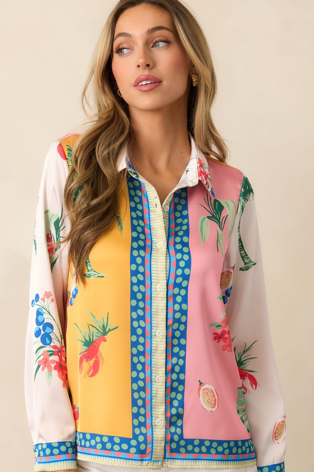 Go With The Flow Yellow Colorblock Coastal Print Button Front Top