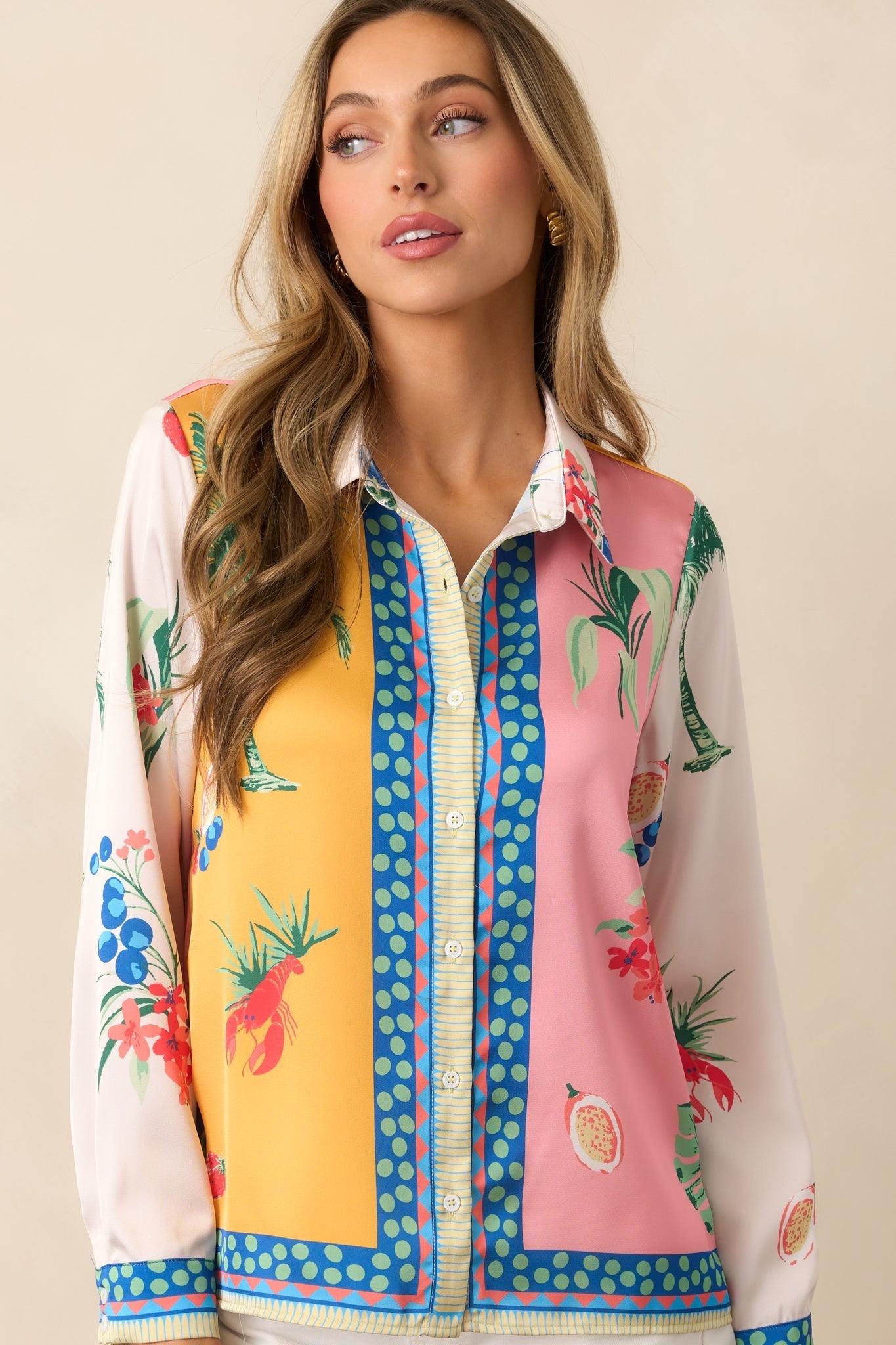 Go With The Flow Yellow Colorblock Coastal Print Button Front Top