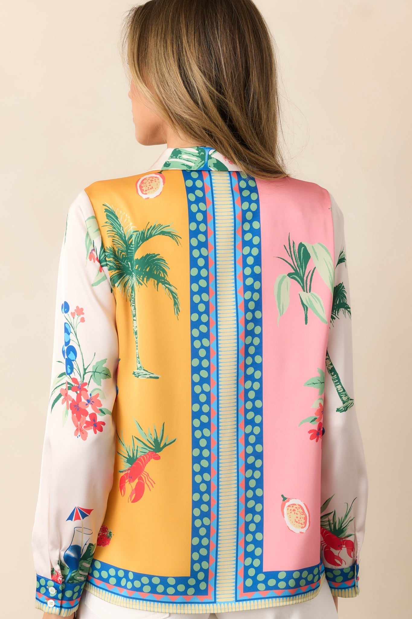 Go With The Flow Yellow Colorblock Coastal Print Button Front Top