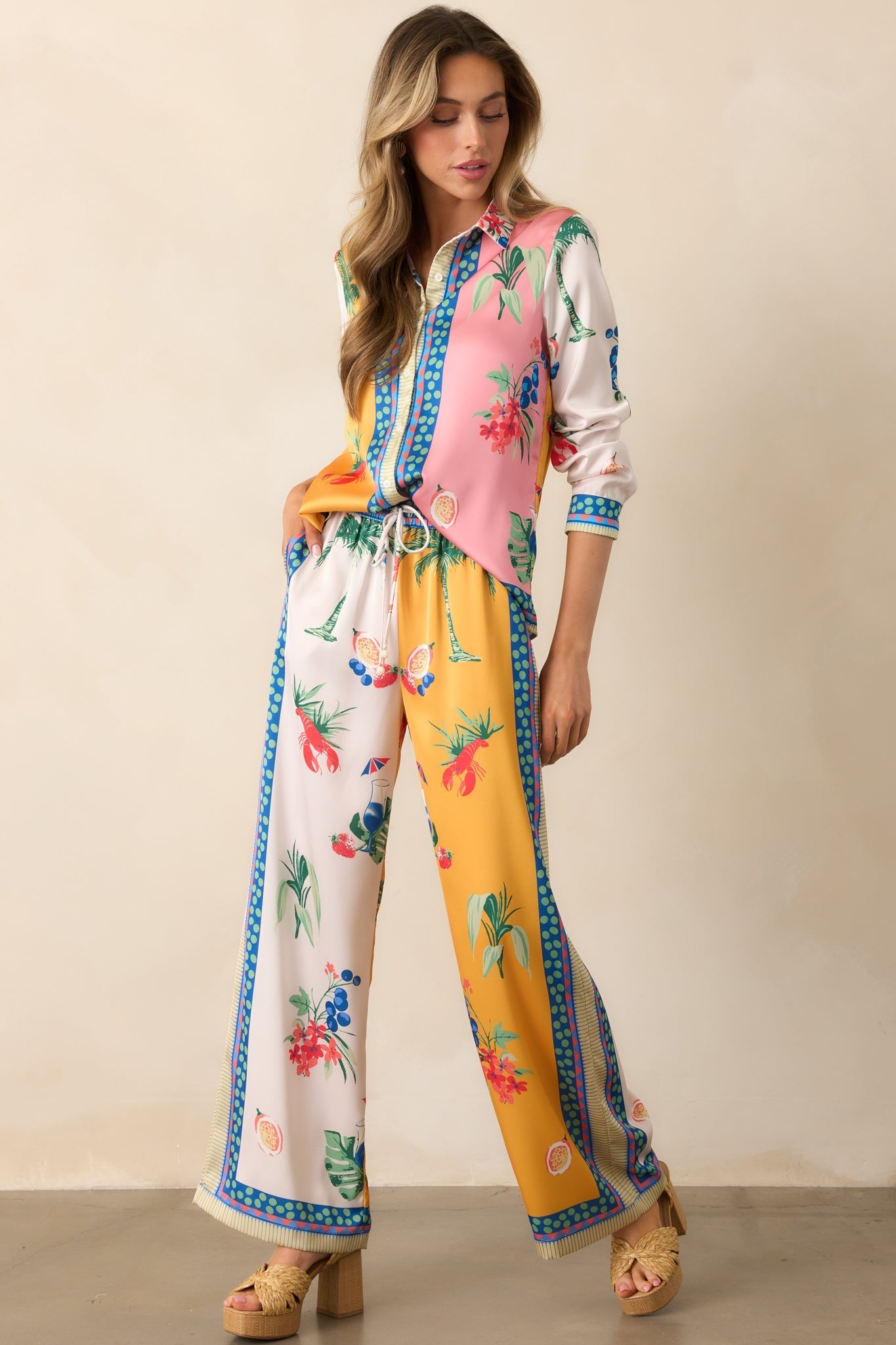Go With The Flow Yellow Colorblock Coastal Print Button Front Top