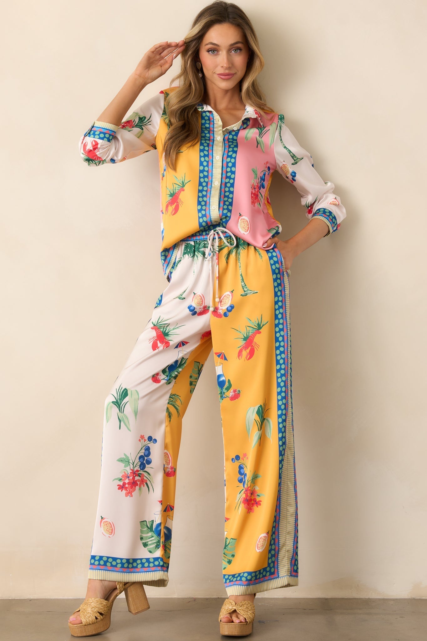 Go With The Flow Yellow Colorblock Coastal Print Button Front Top