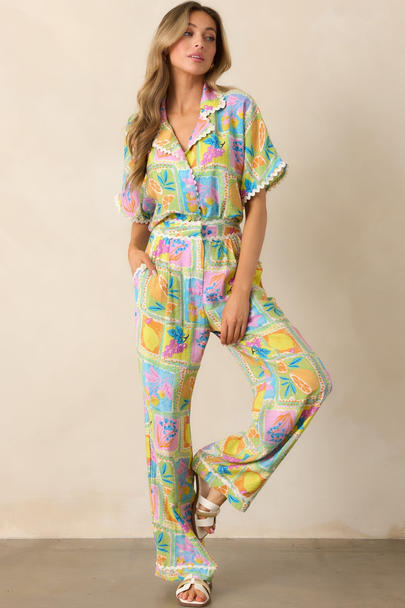 Tropic Tango Green Tropical Print Ricrac Top