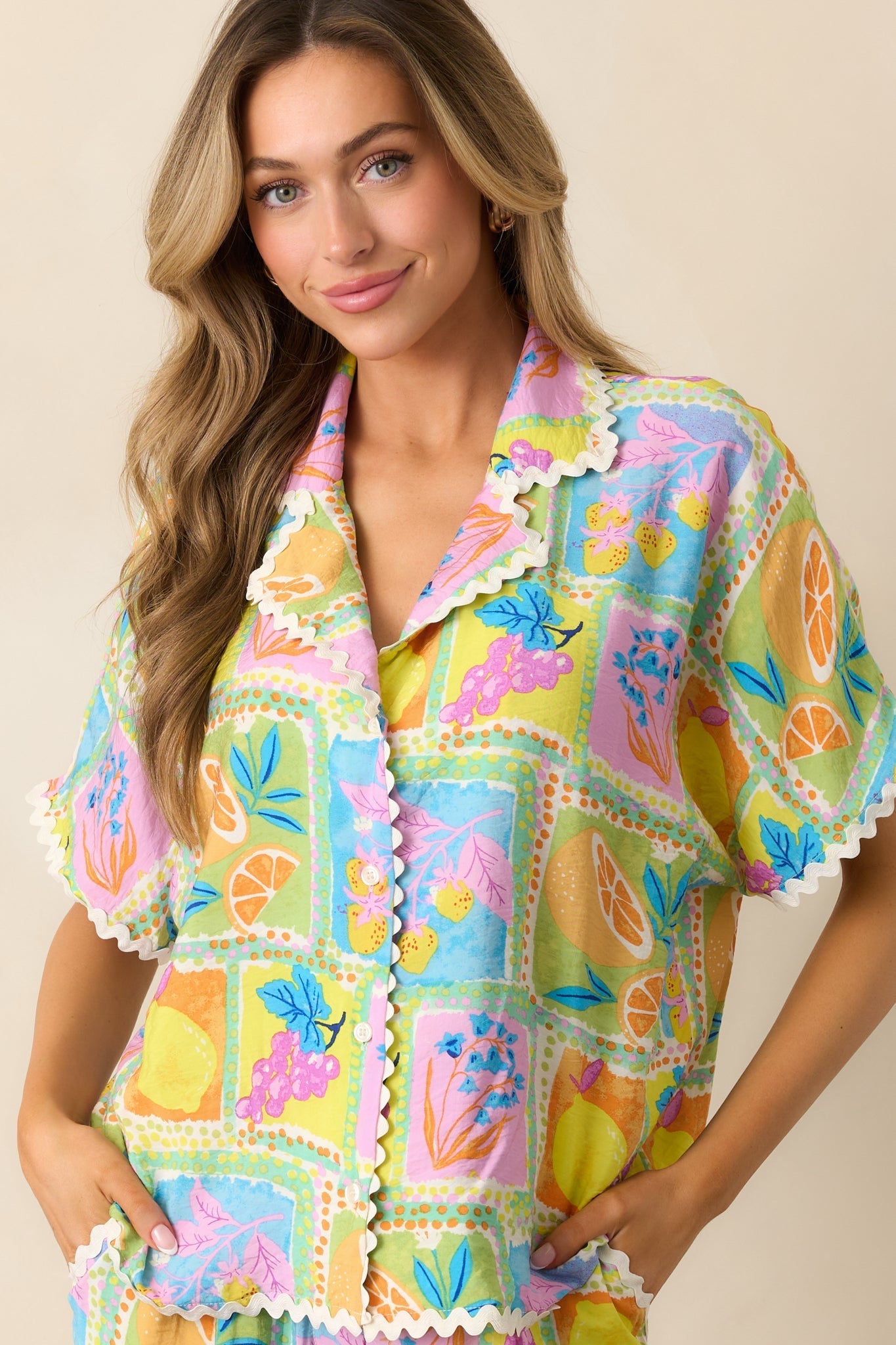 Tropic Tango Green Tropical Print Ricrac Top