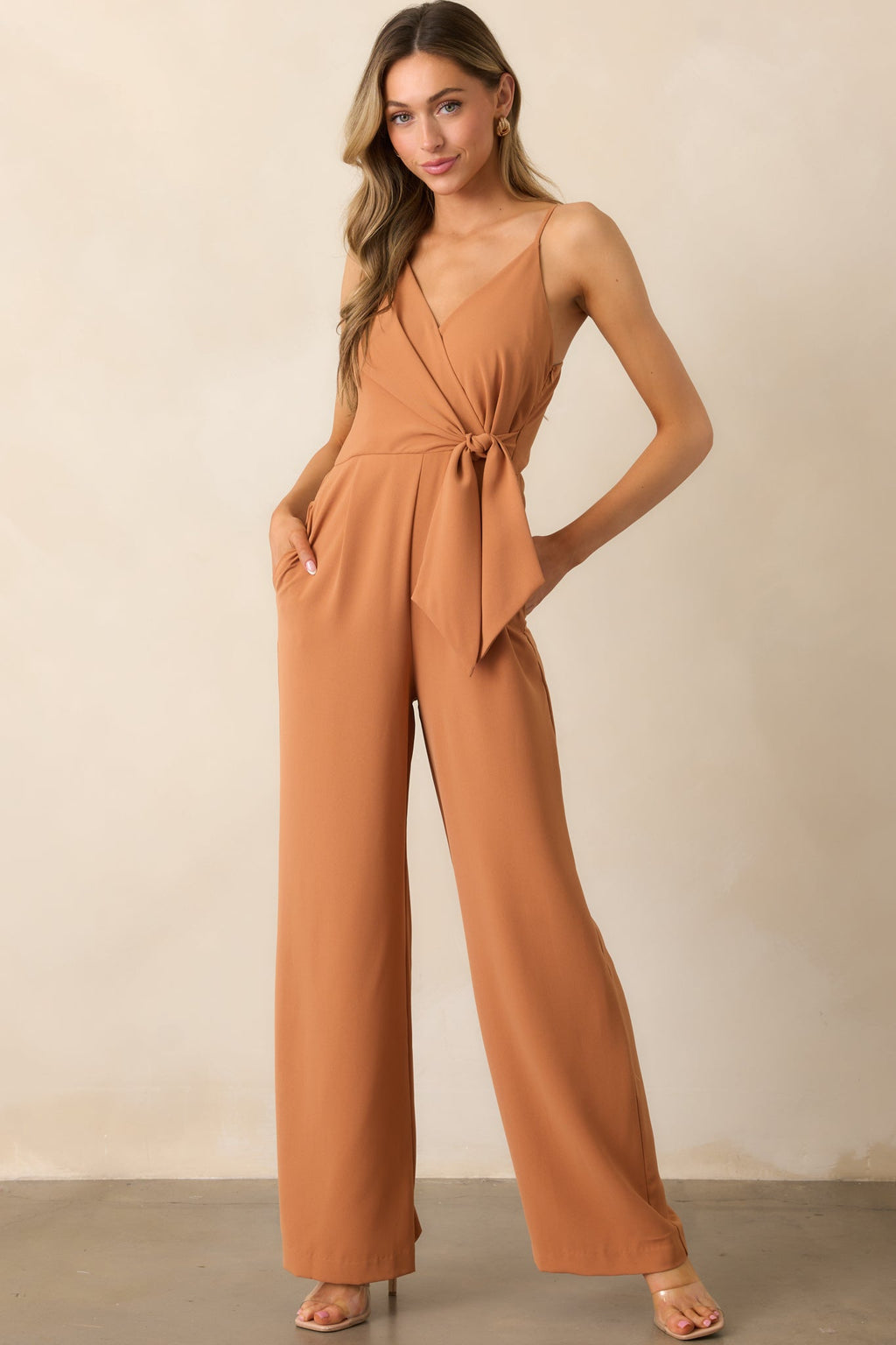 Make Every Day Count Light Clay Faux Wrap Jumpsuit