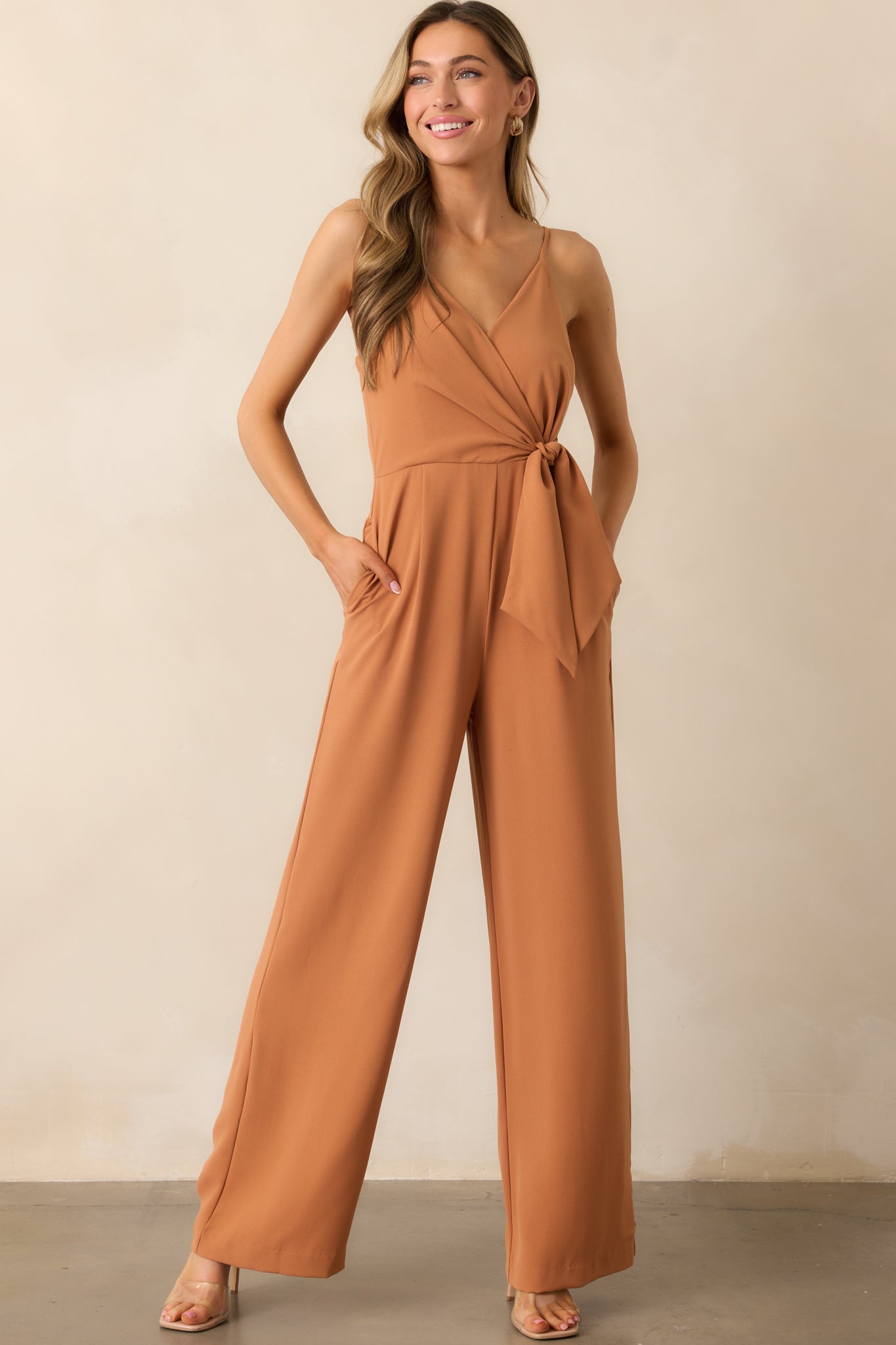 Make Every Day Count Light Clay Faux Wrap Jumpsuit