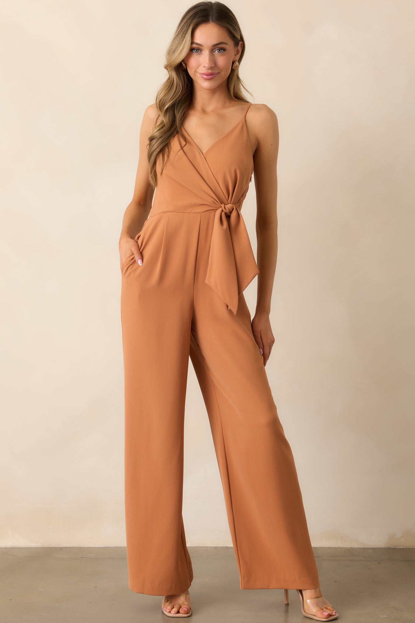Make Every Day Count Light Clay Faux Wrap Jumpsuit
