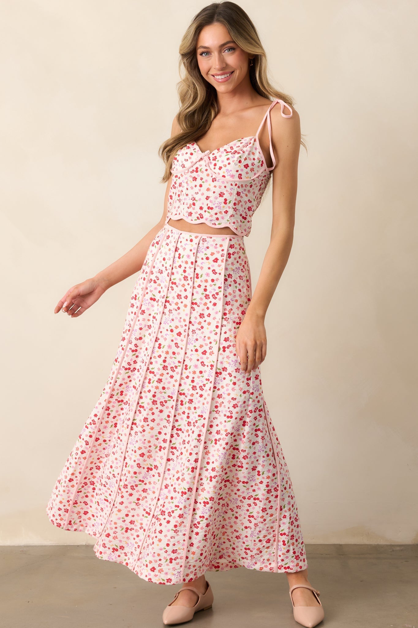 One Way Or Another Pink Cherry Floral Panel Maxi Skirt
