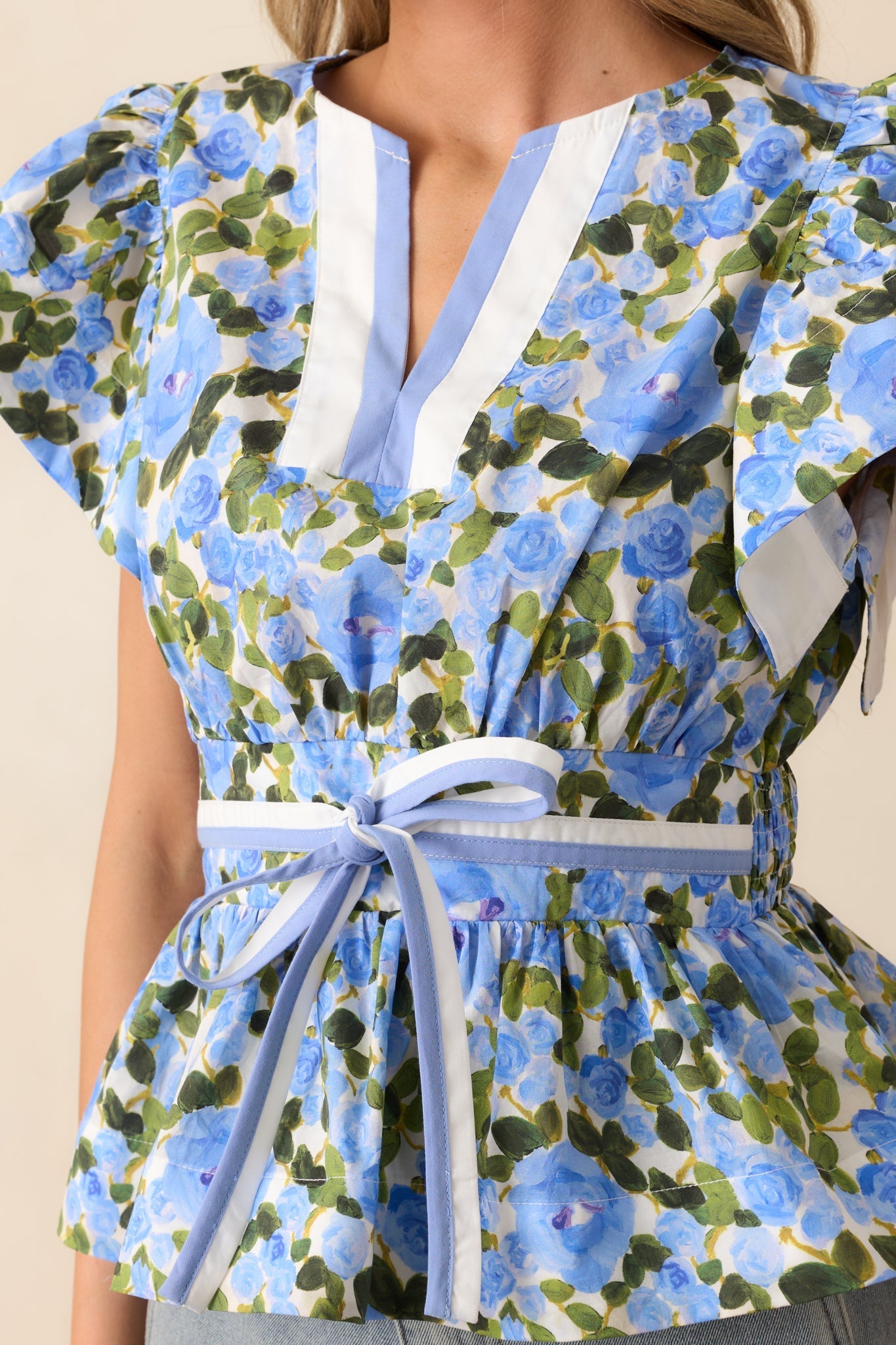 The Beauty Of Now Blue Floral Cotton Peplum Top