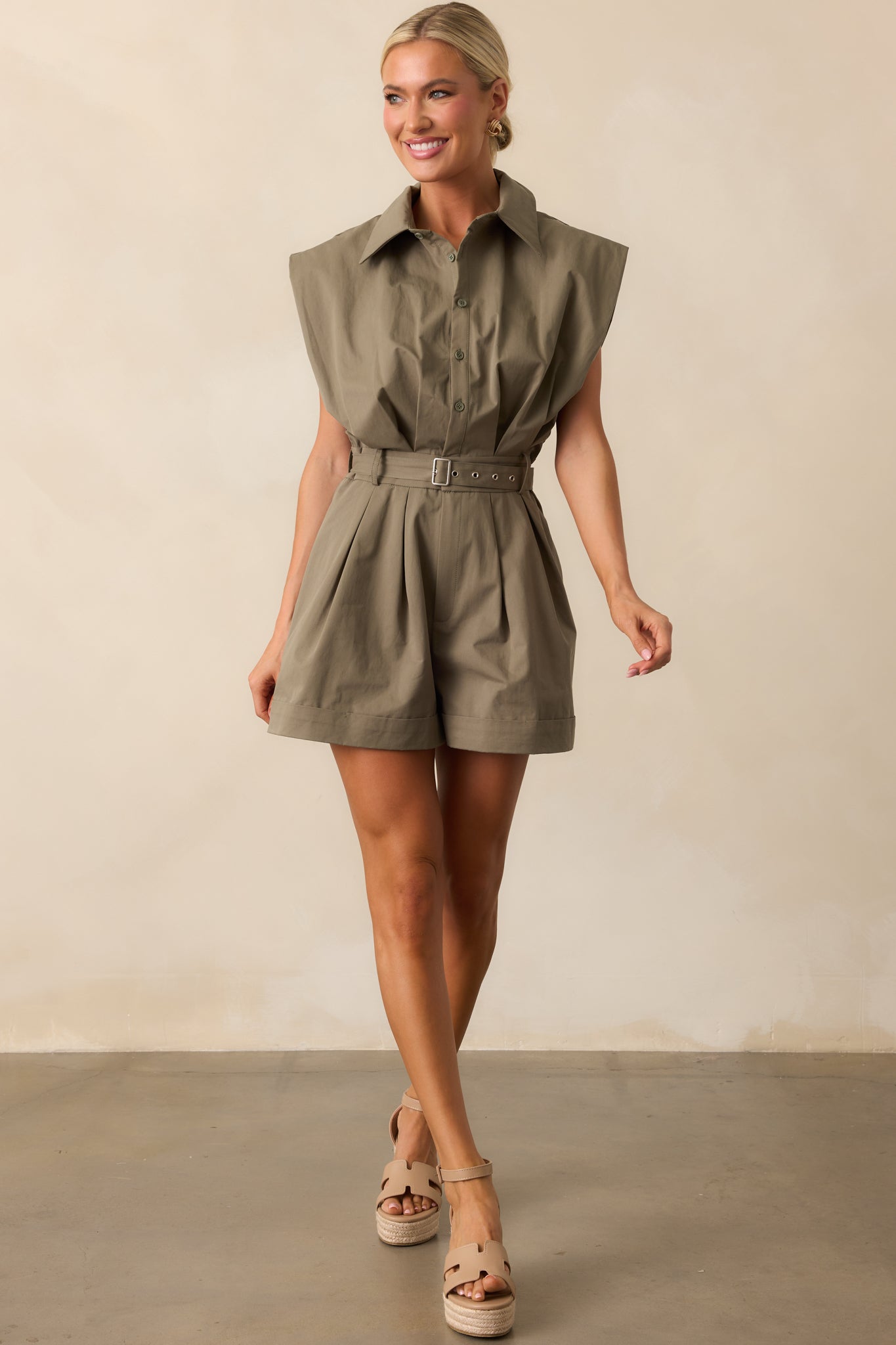Time To Adventure Olive Green Cotton Button Front Romper