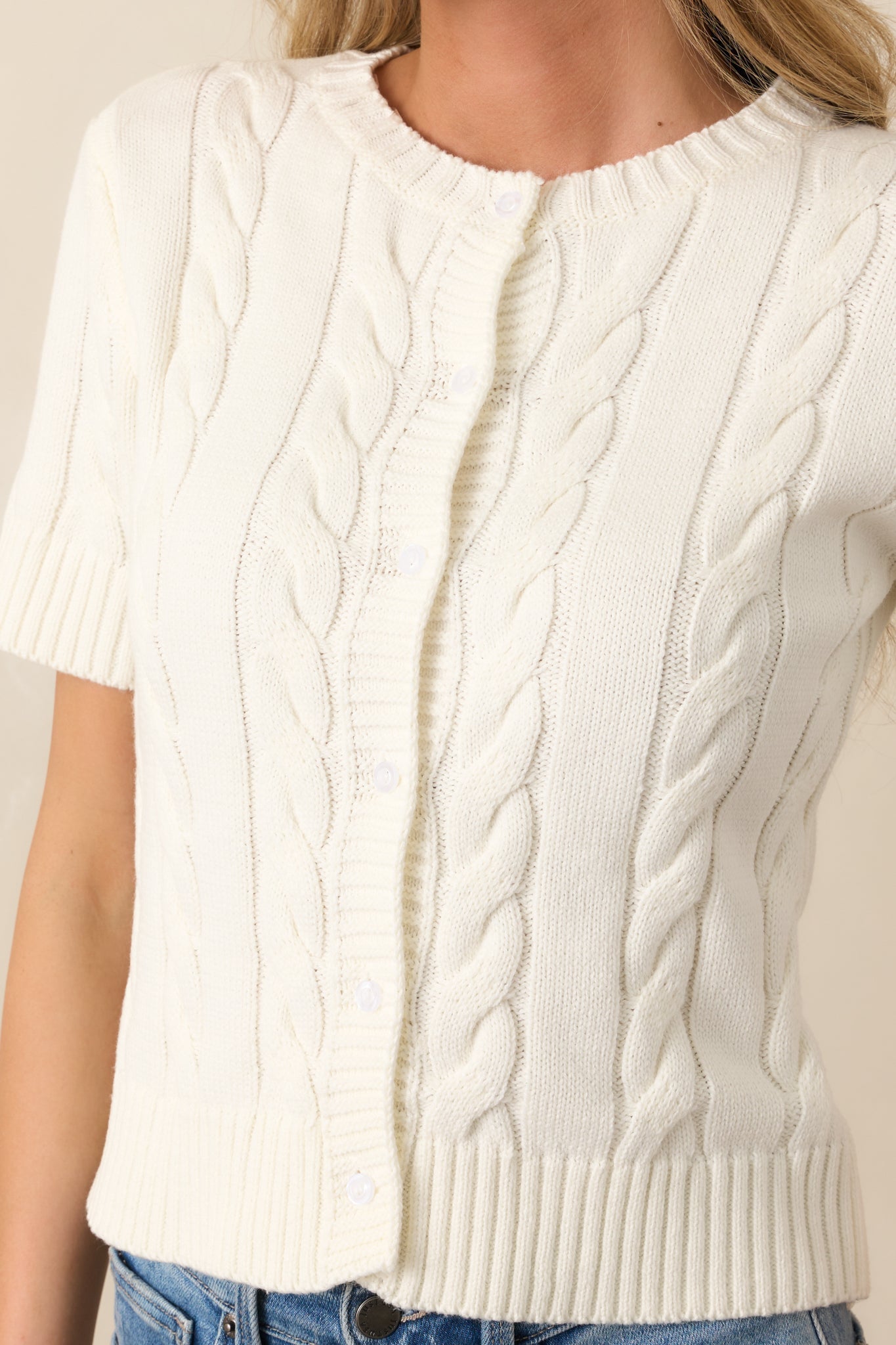 Feels Like Home Ivory Short Sleeve Cable Knit Cardigan