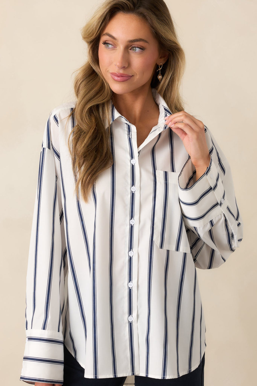 Unfinished Business Navy Stripe Button Front Top