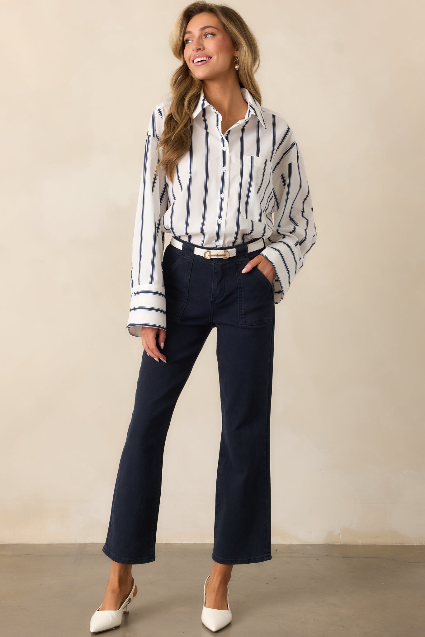 Unfinished Business Navy Stripe Button Front Top