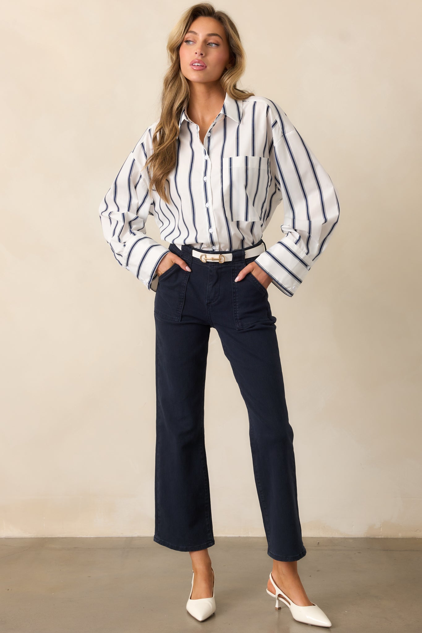 Unfinished Business Navy Stripe Button Front Top