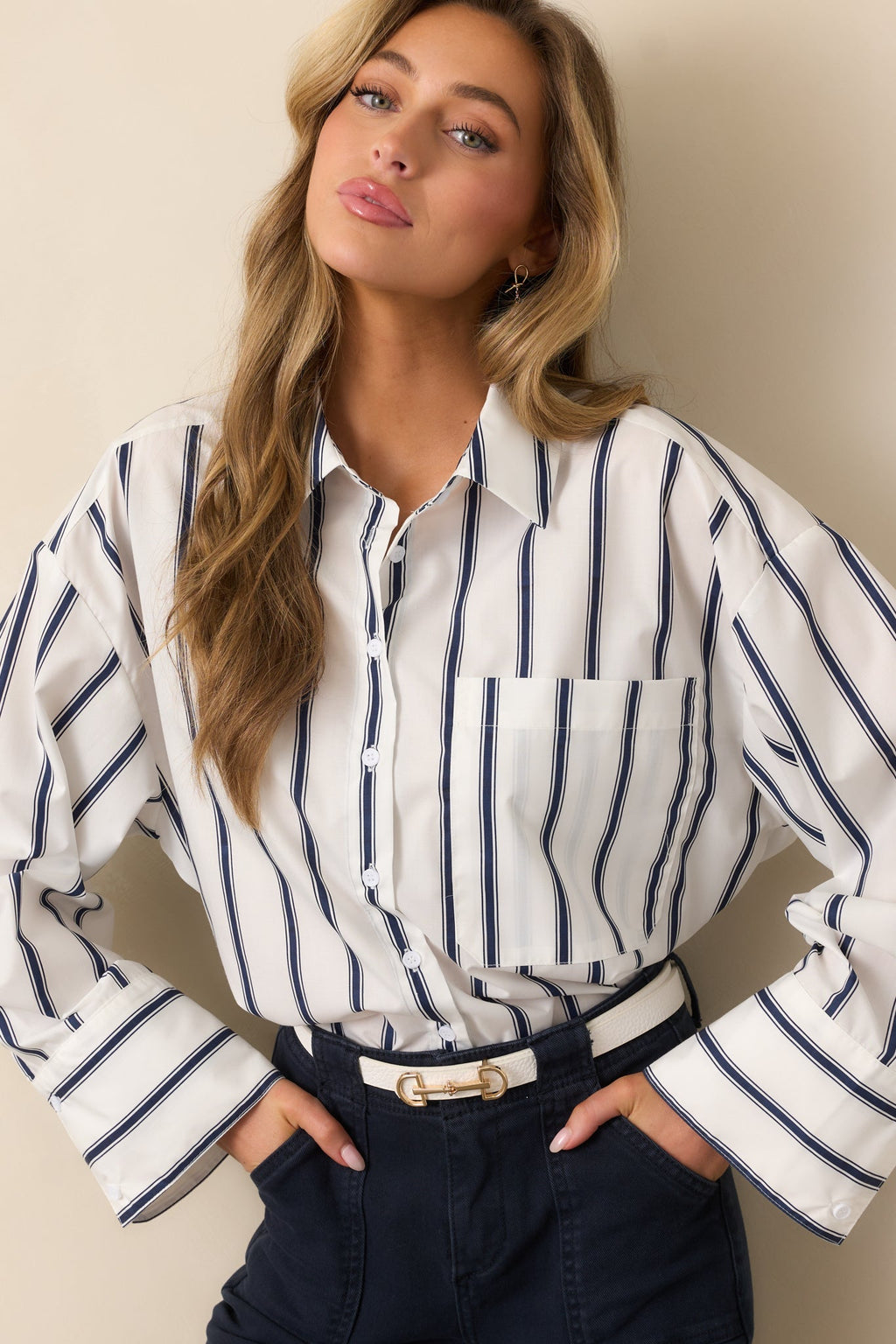 Unfinished Business Navy Stripe Button Front Top