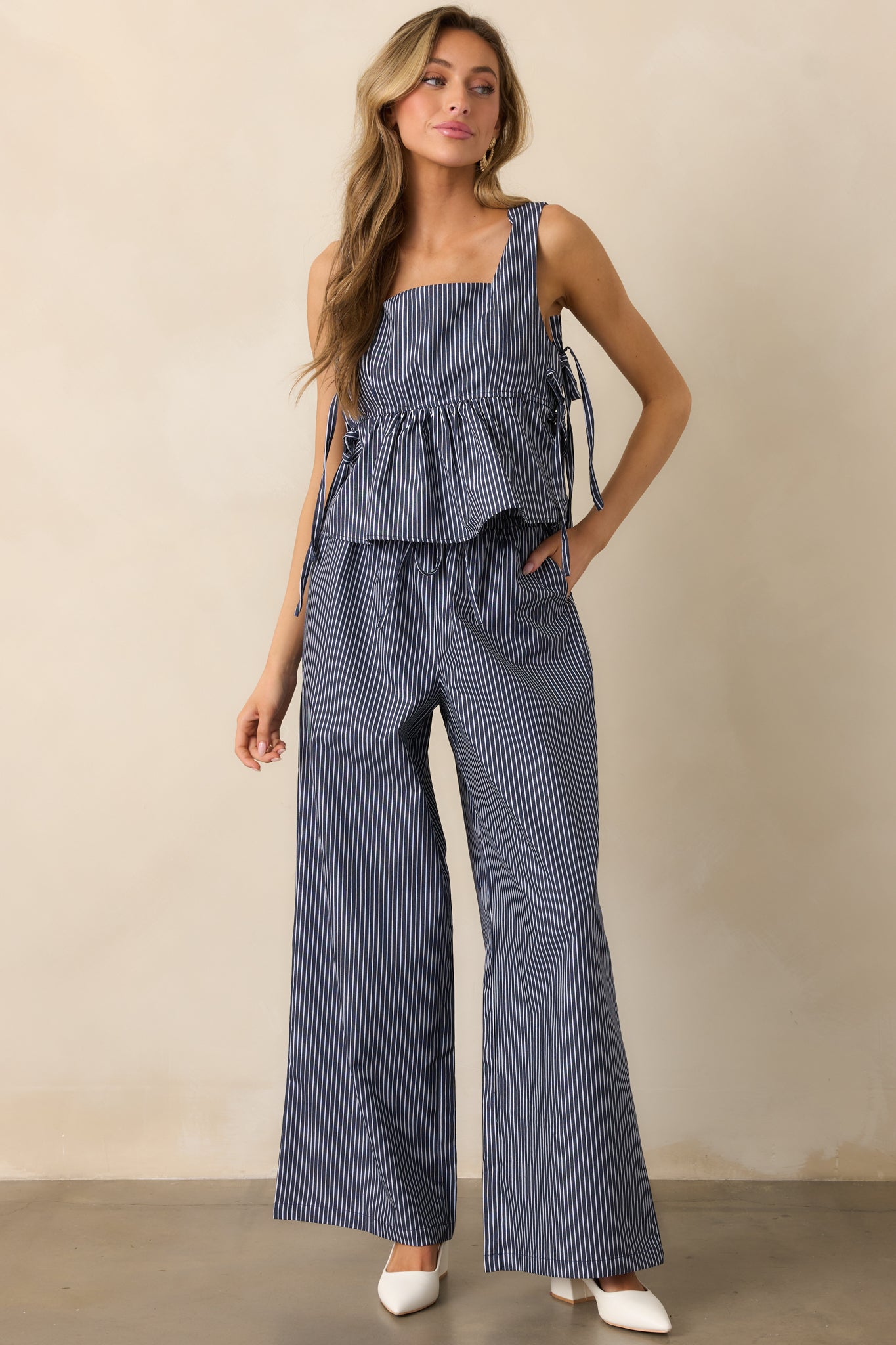 Stay For A While Navy Stripe Drawstring Pants