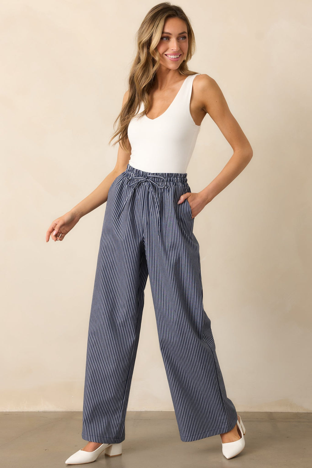 Stay For A While Navy Stripe Drawstring Pants
