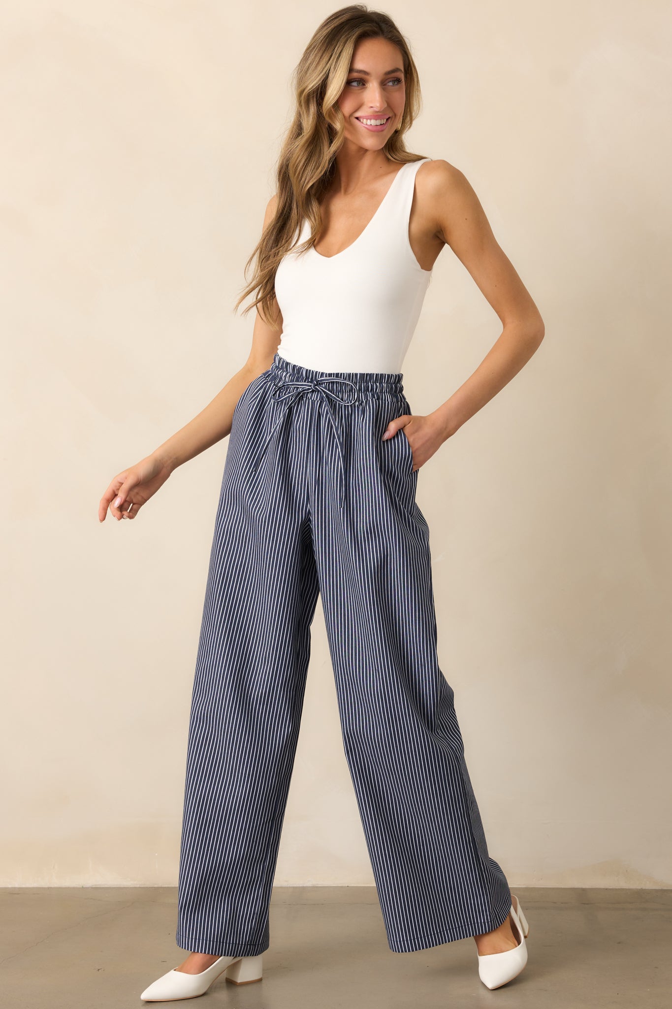Stay For A While Navy Stripe Drawstring Pants