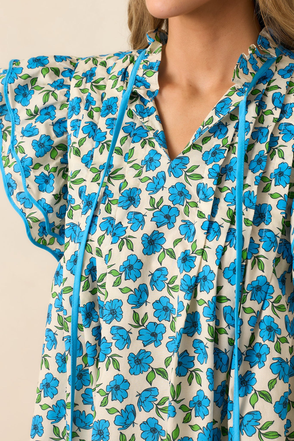 Window Shopping Blue Floral Cotton Flutter Sleeve Top