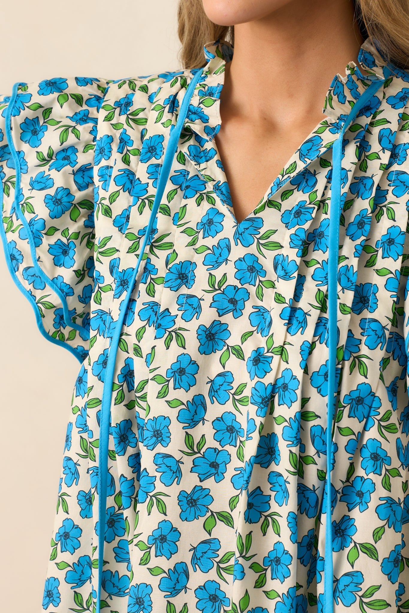 Window Shopping Blue Floral Cotton Flutter Sleeve Top