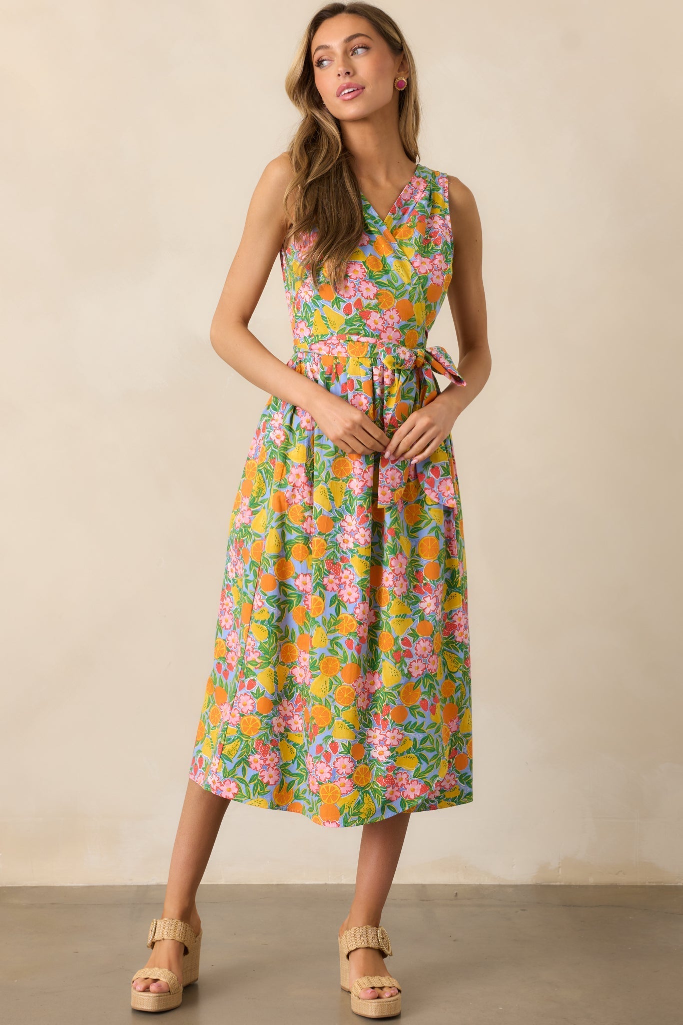 Citrus Bloom Sky Blue Multi Print Midi Wrap Dress