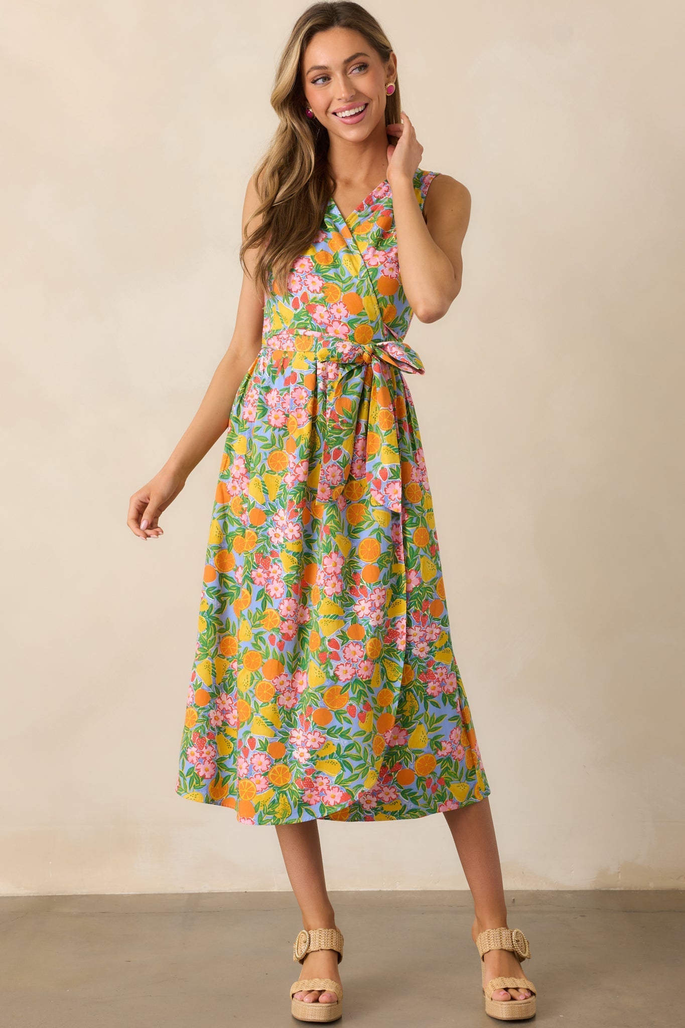 Citrus Bloom Sky Blue Multi Print Midi Wrap Dress