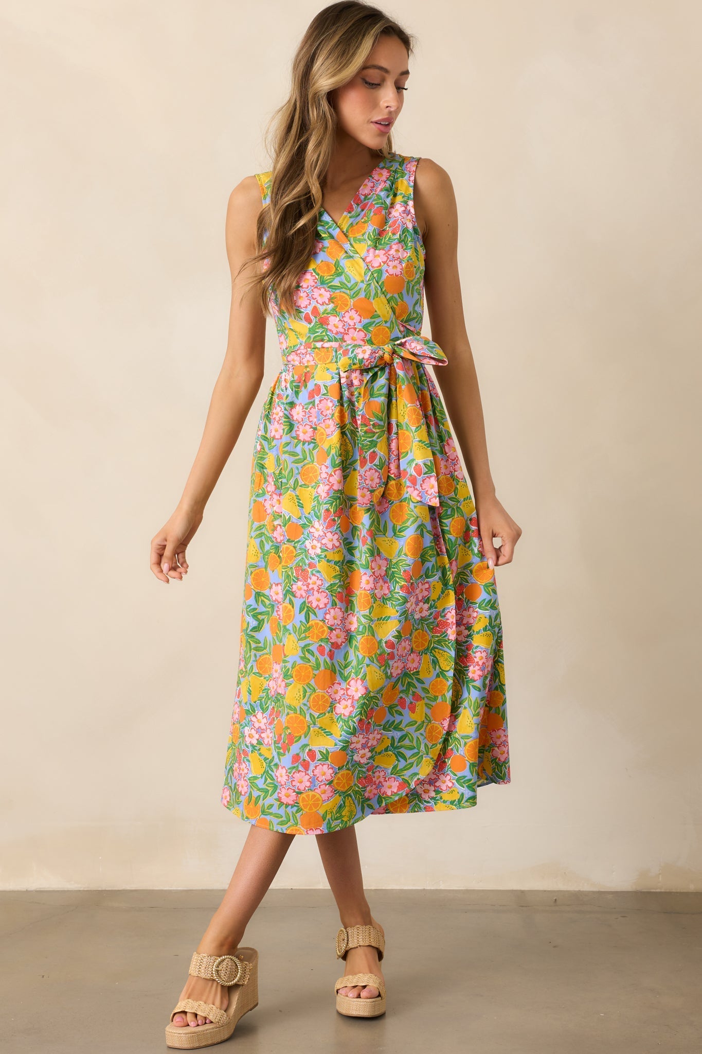 Citrus Bloom Sky Blue Multi Print Midi Wrap Dress