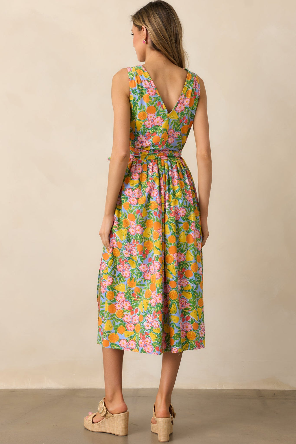 Citrus Bloom Sky Blue Multi Print Midi Wrap Dress