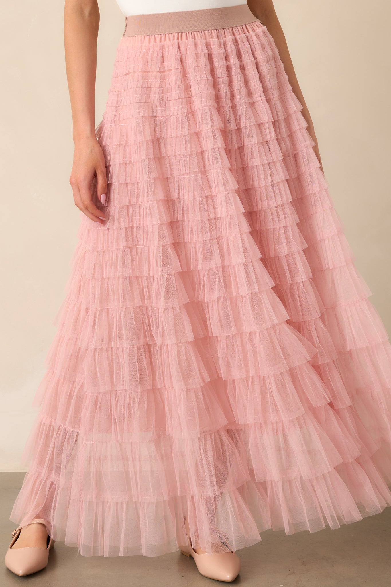 Garden Gathering Dusty Pink Tiered Ruffle Tulle Maxi Skirt