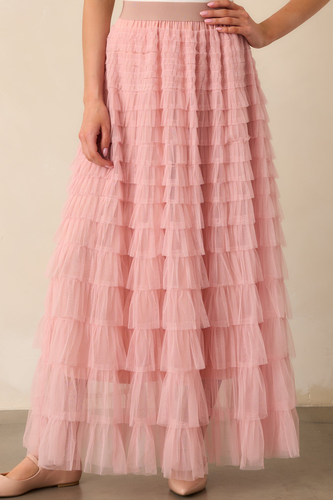 Garden Gathering Dusty Pink Tiered Ruffle Tulle Maxi Skirt