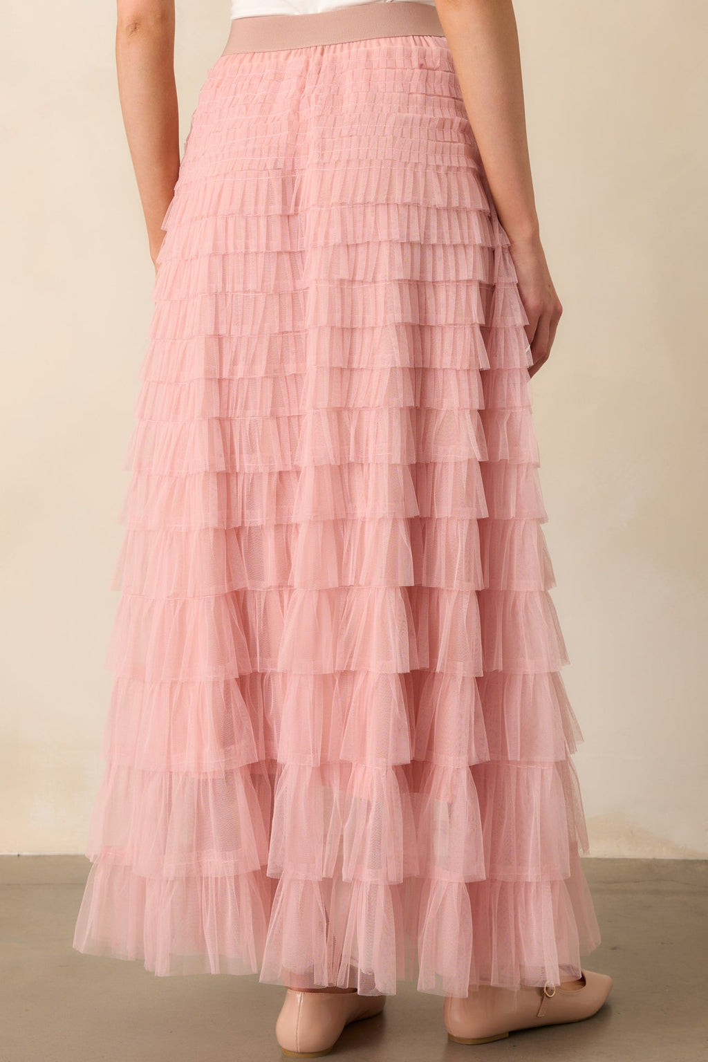 Garden Gathering Dusty Pink Tiered Ruffle Tulle Maxi Skirt
