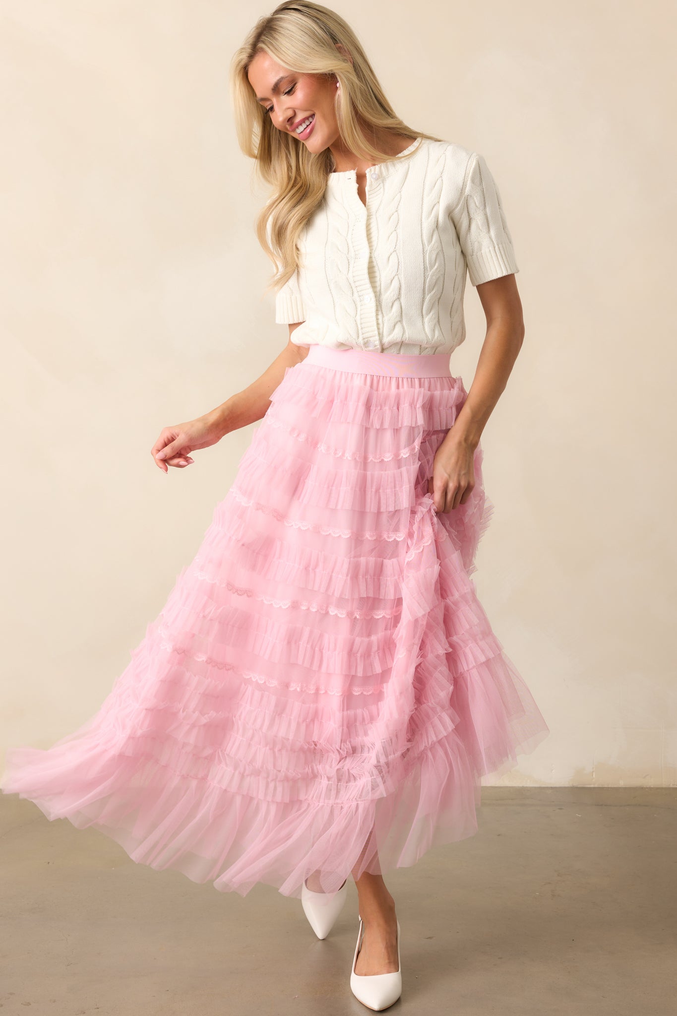 Walk In The Garden Light Pink Ruffle Tulle Midi Skirt