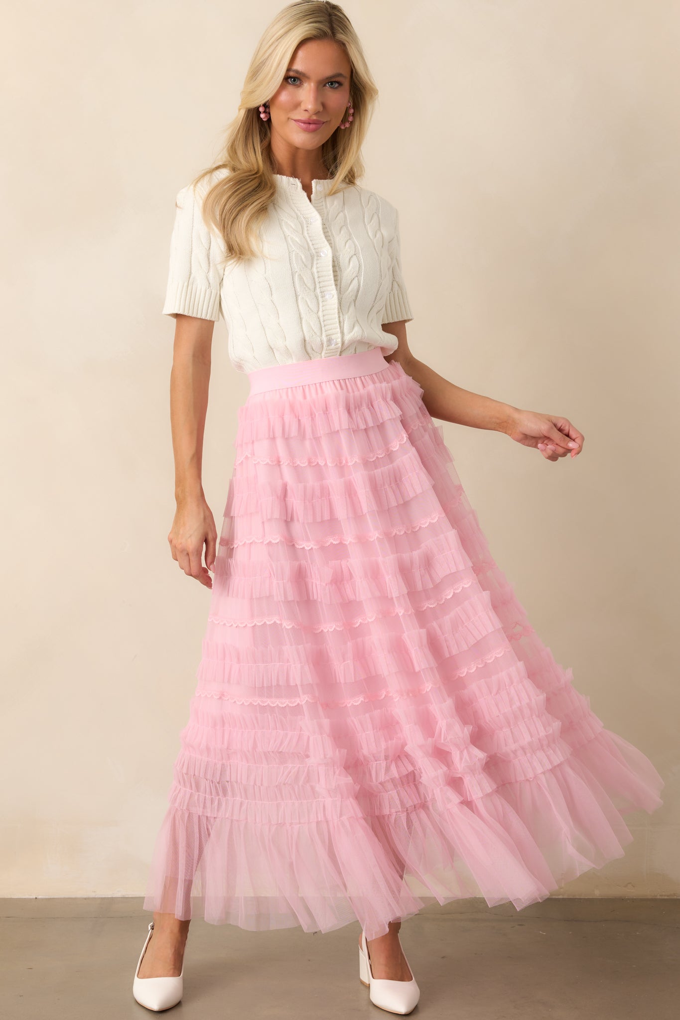 Walk In The Garden Light Pink Ruffle Tulle Midi Skirt
