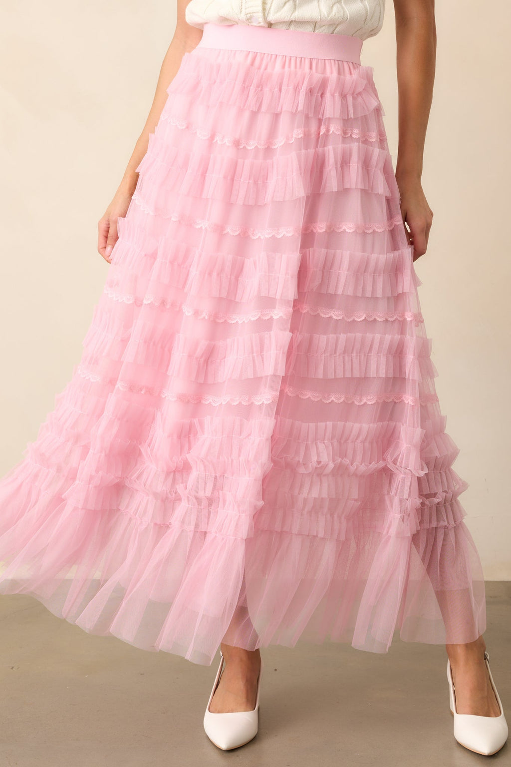 Walk In The Garden Light Pink Ruffle Tulle Midi Skirt