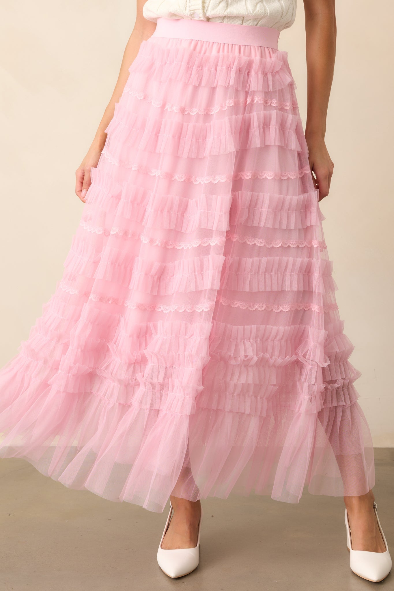 Walk In The Garden Light Pink Ruffle Tulle Midi Skirt