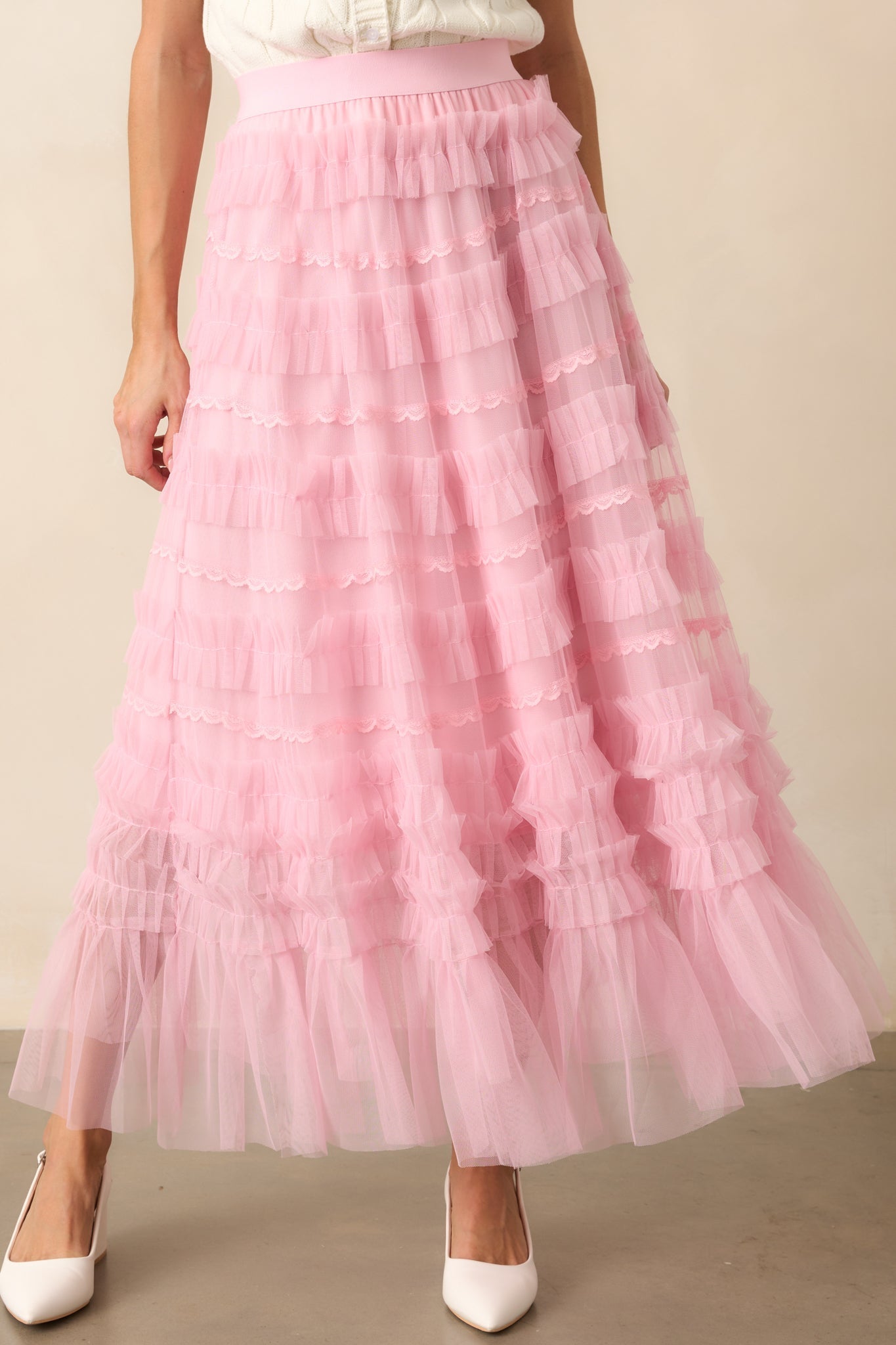 Walk In The Garden Light Pink Ruffle Tulle Midi Skirt