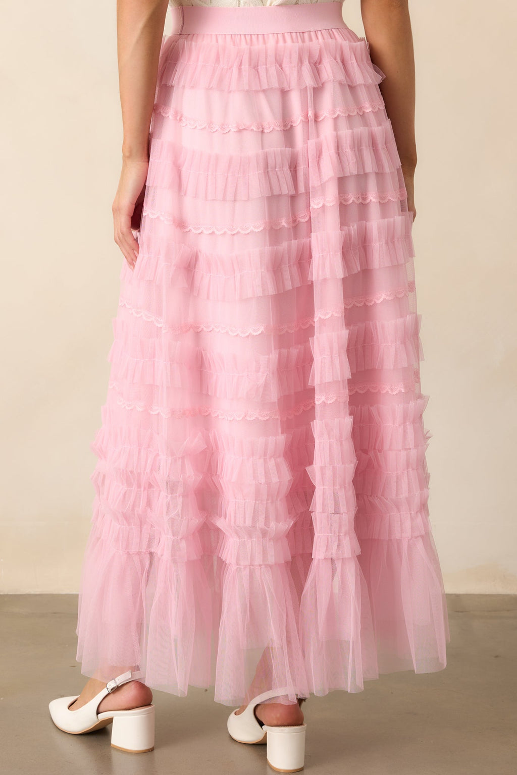 Walk In The Garden Light Pink Ruffle Tulle Midi Skirt