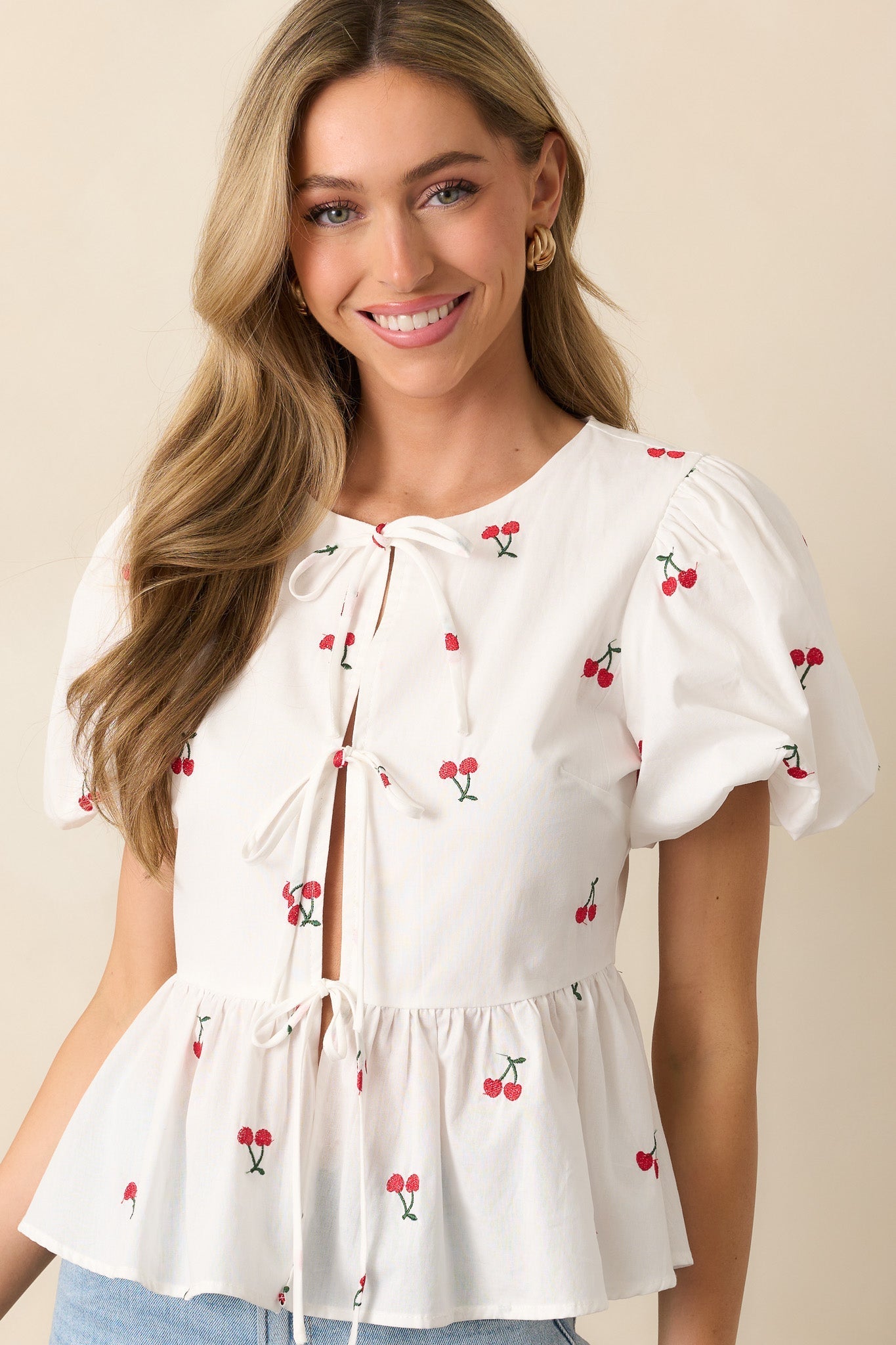 Pucker Up White Cotton Cherry Embroidered Peplum Top